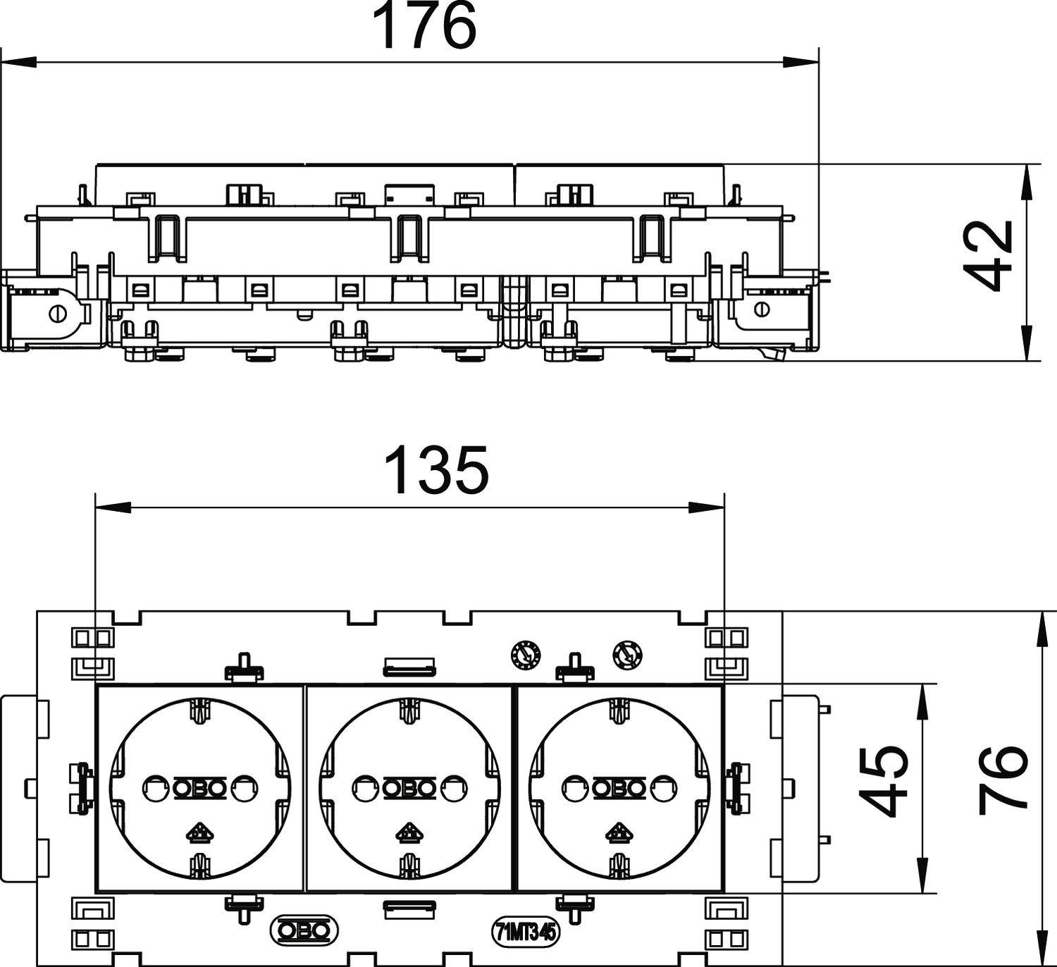 Technische tekening van een elektrisch stopcontactmodule met drie stopcontacten. Breedte- en hoogtematen zijn vermeld.