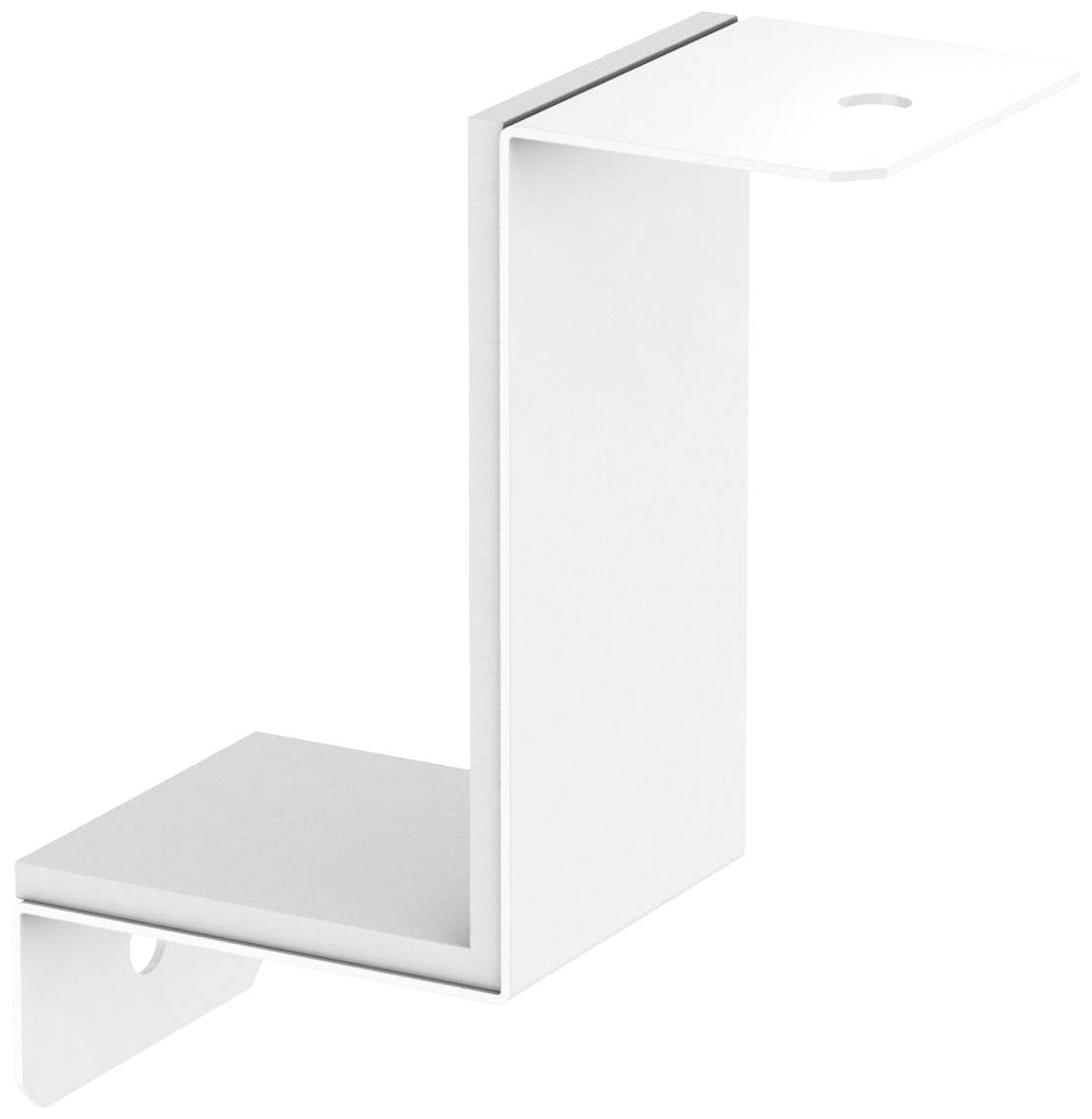 Een L-vormige, witte metalen rekdrager met twee montagegaten boven en onder voor bevestiging aan de muur.
