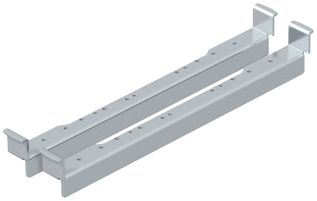 Twee zilvergrijze metalen beugels die parallel aan elkaar zijn geplaatst. Ze lijken bedoeld te zijn voor bevestiging of ondersteuning.