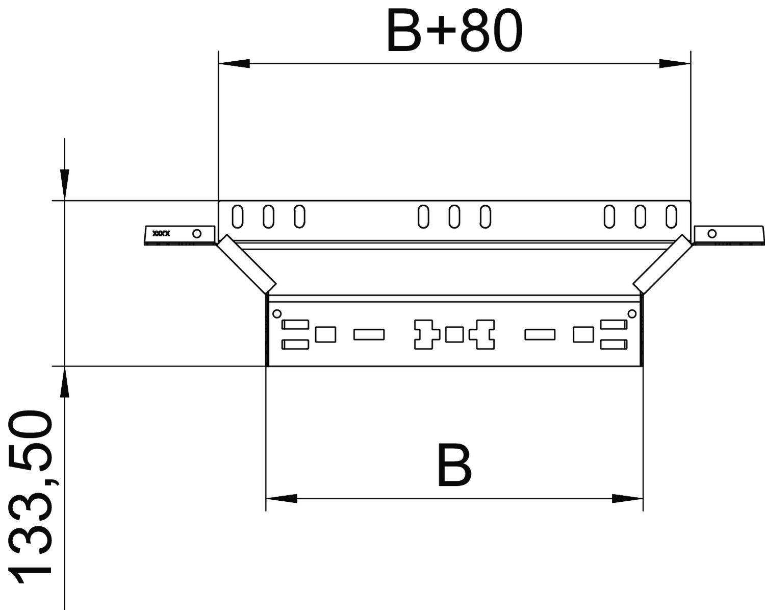 Technische tekening: Doorsnede van een dakgootprofiel. Afmetingen: Hoogte 133,50 mm, breedte B, totale lengte B+80 mm.