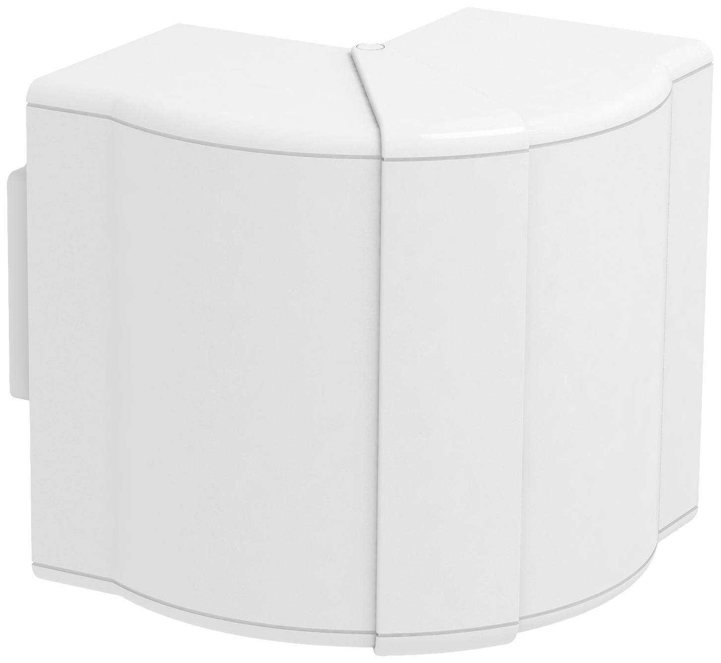 Witte, driedelige hoekkast van kunststof, mogelijk een kast of bergruimte, in een strak, modern design.