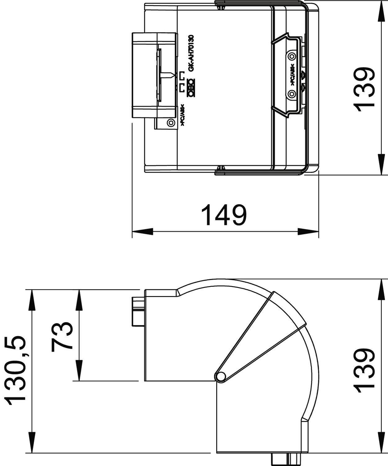 Technische tekening van een buisvormige ventilator met afmetingen: hoogte 139 mm, breedte 149 mm, diepte 73 mm.