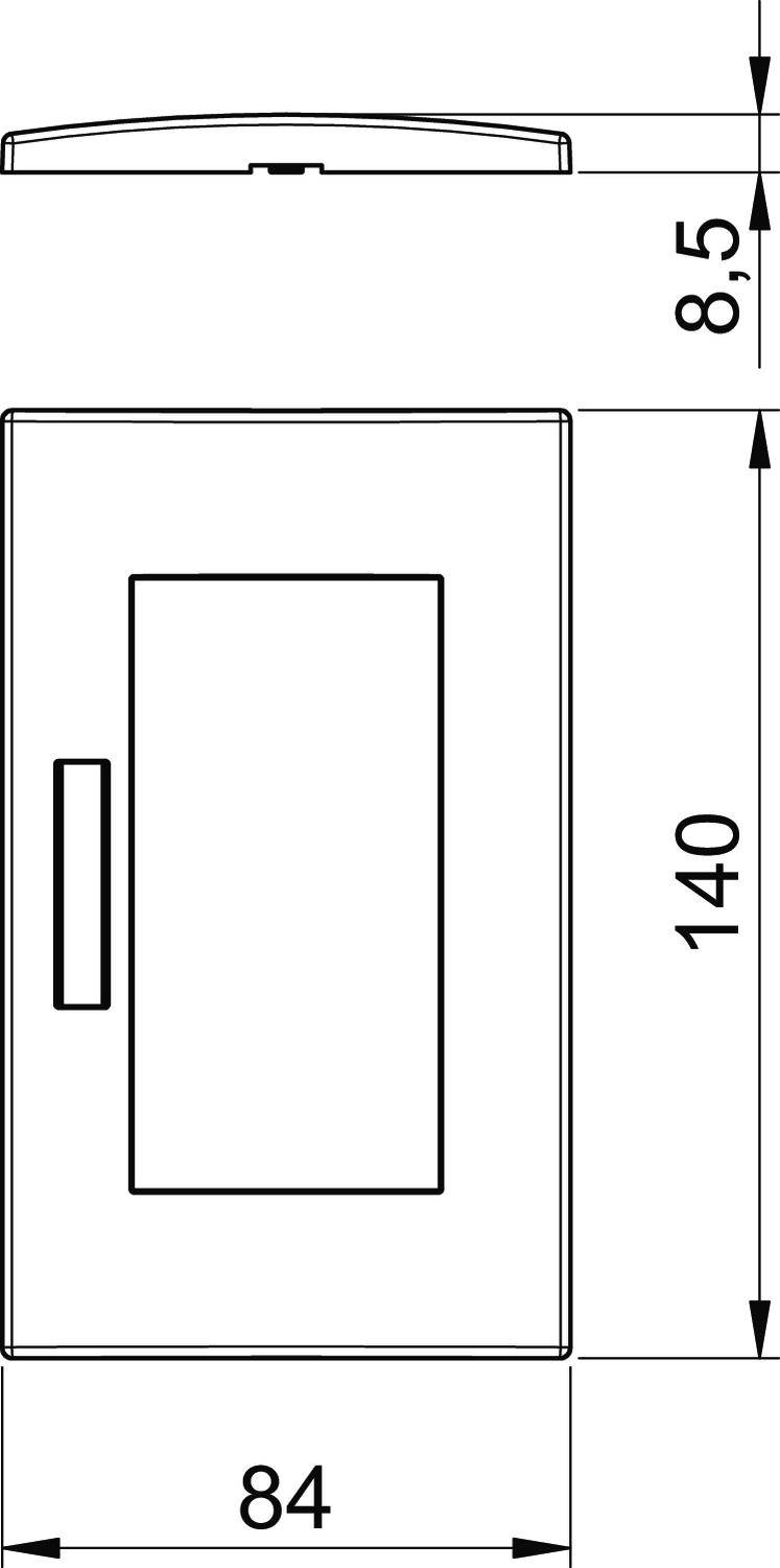 Technische tekening van een rechthoekig apparaat met afmetingen 84 mm x 140 mm x 8,5 mm. Vooraanzicht en bovenaanzicht.