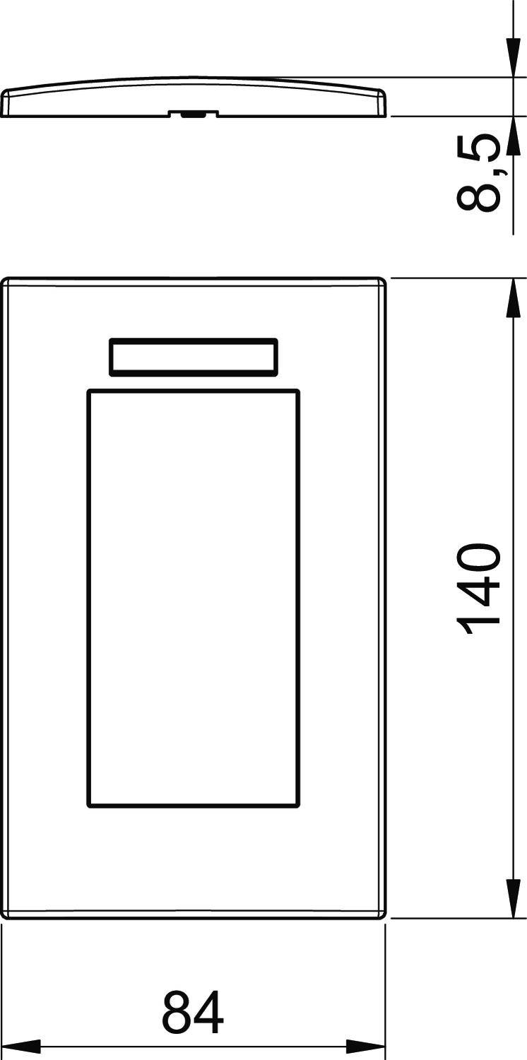 Technische tekening van een rechthoekige schakelaar met afmetingen van 84 mm breedte, 140 mm hoogte en 8,5 mm diepte.