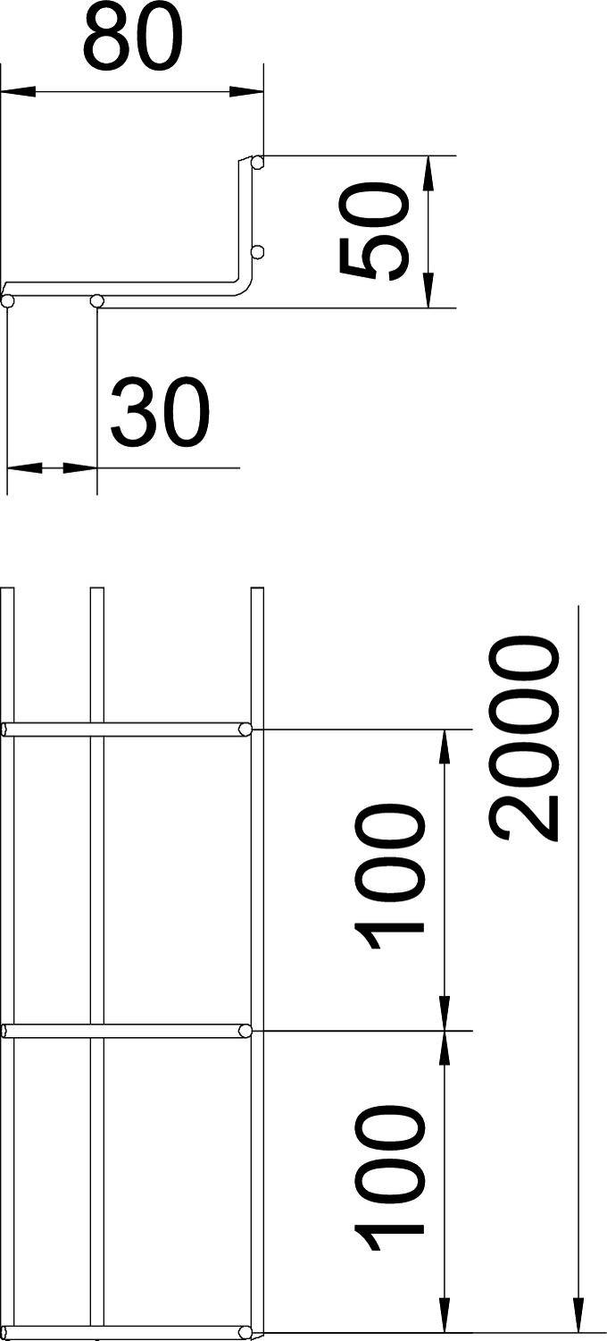 Technische tekening van een rek met afmetingen: 80x50x30 mm, rekplanken om de 100 mm, totale hoogte 2000 mm.