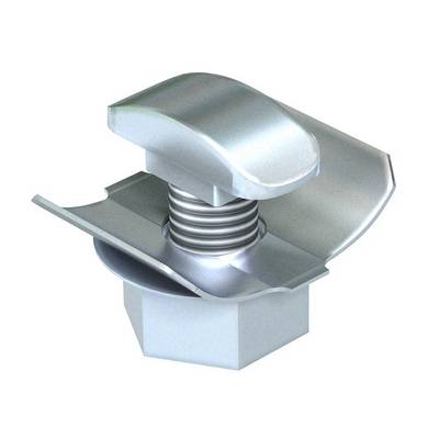 Metalen schroef met zeskantische kop en veersysteem dat de bevestiging mogelijk maakt. Hij is vervaardigd uit zilverachtig metaal.