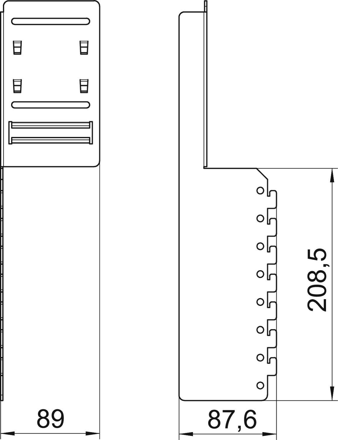 Technische tekening van een rechthoekig onderdeel met afmetingen: breedte 89 mm, hoogte 208,5 mm, diepte 87,6 mm. Zijaanzicht en vooraanzicht.