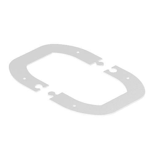 Metalen plaat met rechthoekige opening en gaten aan de uiteinden, vermoedelijk bedoeld als montagesjabloon of afdichting voor technische toepassingen.