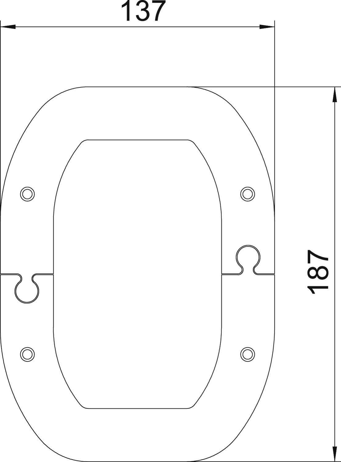 Technische tekening van een ovale plaat met twee schroefgaten bovenaan en onderaan. Afmetingen: breedte 137 mm, hoogte 187 mm.