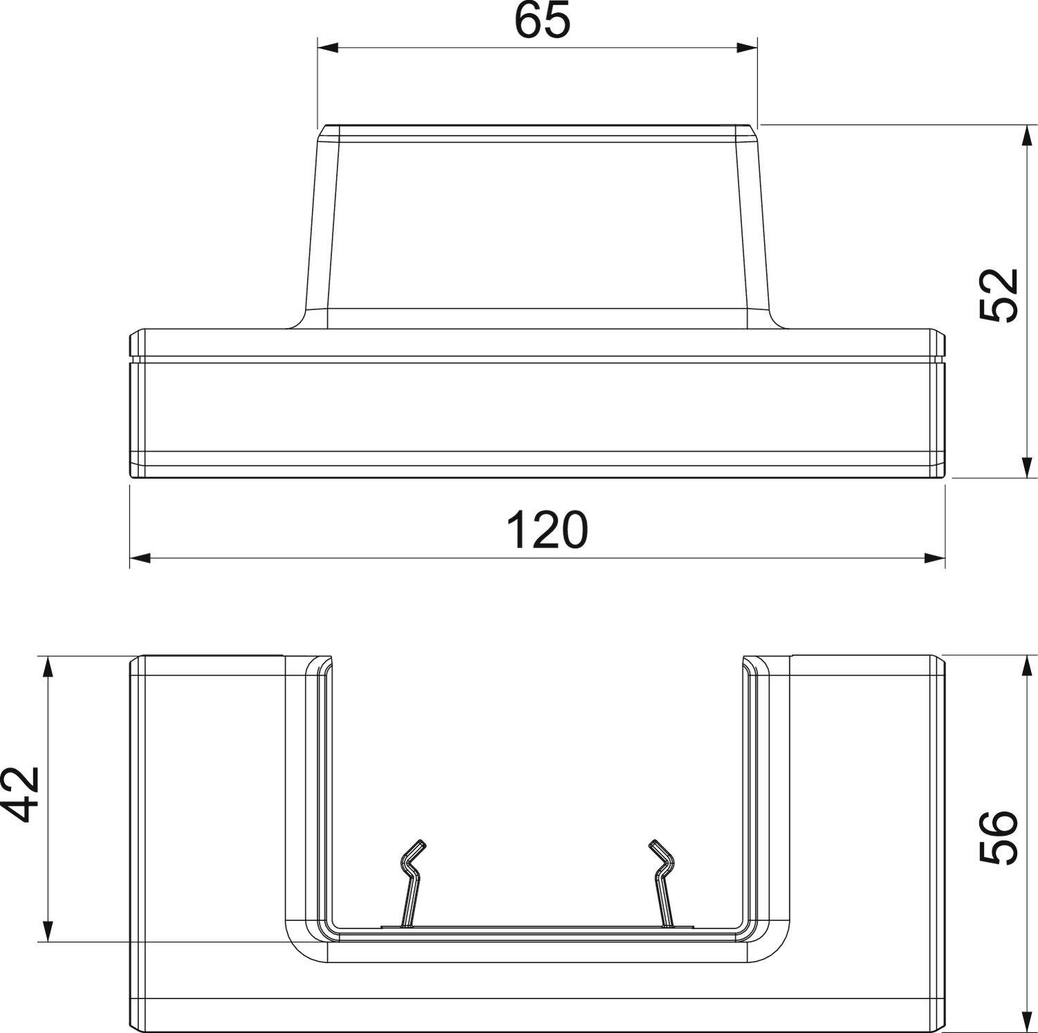 Technische tekening van een onderdeel met afmetingen: breedte 120 mm, hoogte 52 mm, diepte 56 mm en inwendige hoogte 42 mm.