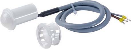 Een witte cilindrische sensor met een grijs kabel en connector, vaak gebruikt voor verlichtings- of automatiseringssystemen.