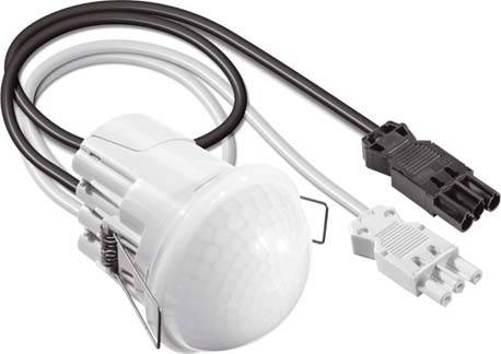 Witte plafondlamp met bewegingssensor en zwarte en witte kabels. Ideaal voor automatische verlichting in binnenruimtes.