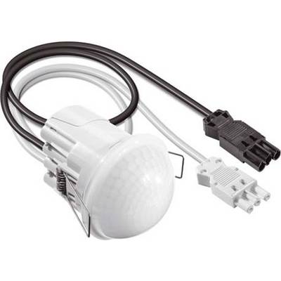 Witte plafondlamp met bewegingssensor en zwarte en witte kabels. Ideaal voor automatische verlichting in binnenruimtes.