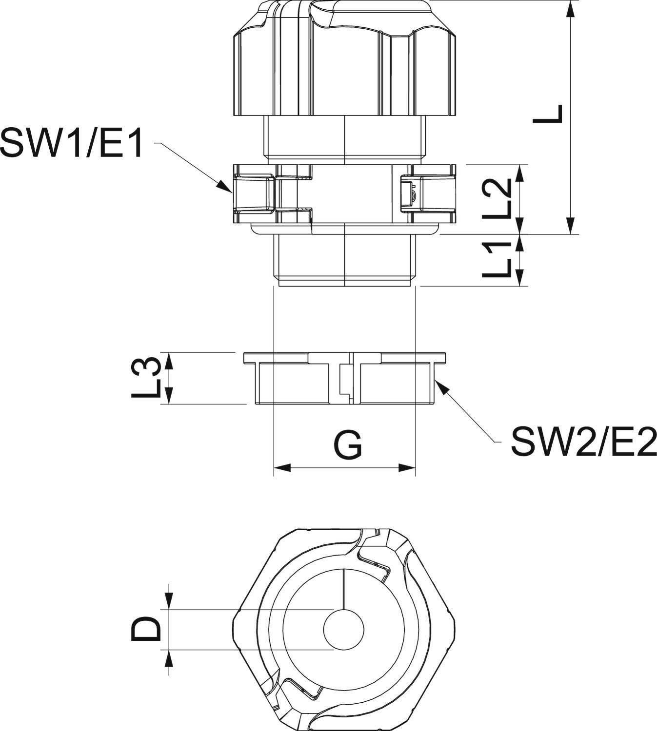 Technische tekening van een kabelwartel met lengte- en schroefdraadmaten (L, L1, L2, L3, D, G, SW1/E1, SW2/E2). Bovenaanzicht en zijaanzicht.