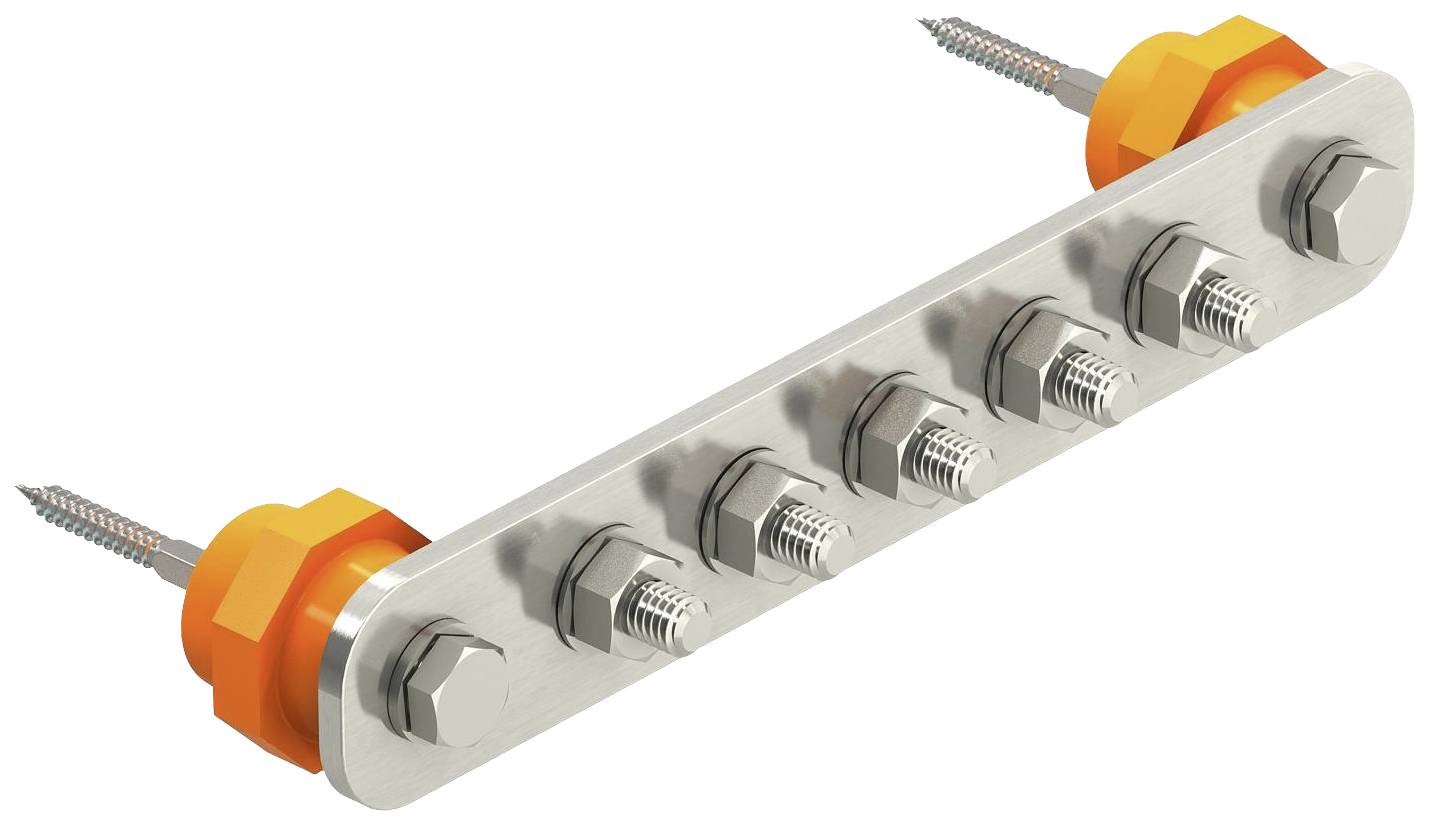 Metalen rail met zes schroeven en moeren, aan beide uiteinden voorzien van oranje kunststof beschermhoezen.