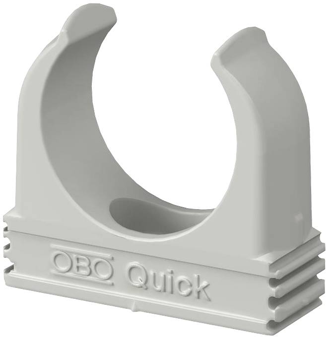 Grijze kunststof buisklem met 'OBO Quick' opschrift onderaan. Deze wordt gebruikt voor het bevestigen van kabels of buizen.