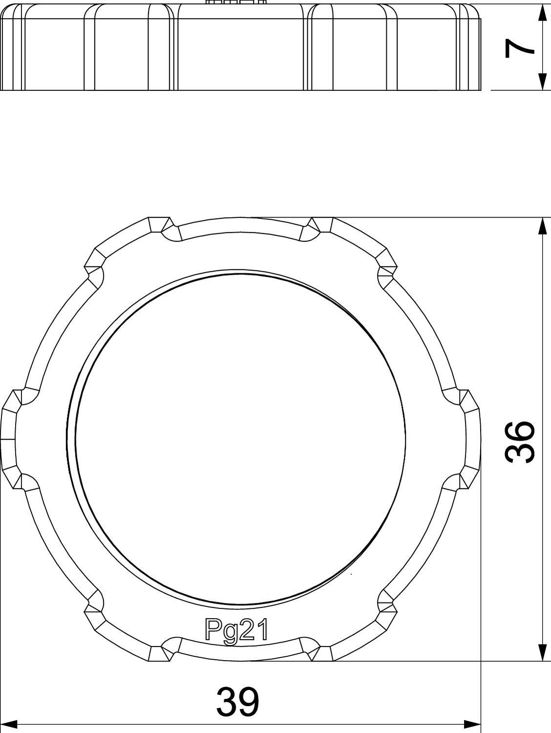 Technische tekening van een ronde deksel met een diameter van 39 mm en een hoogte van 7 mm, gemarkeerd met 'Pg21'.
