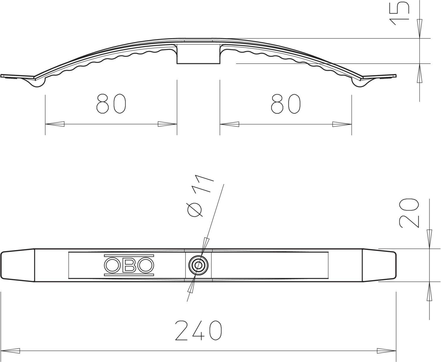 Technische tekening van een kabelbruggenysteem met afmetingen: breedte 240 mm, hoogte 20 mm, Ø11 mm boring, afstand tussen bevestigingspunten 80 mm.