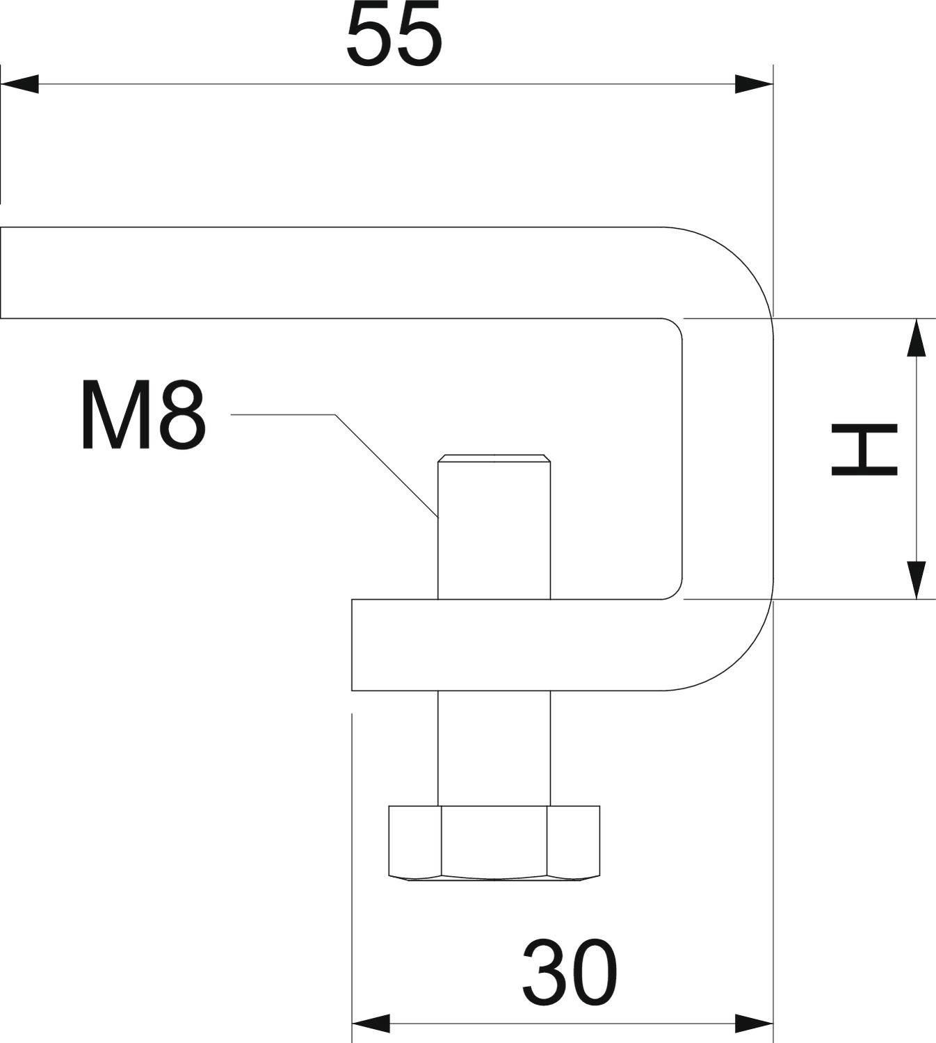 Technische tekening van een L-vormige beugel. Bovenste lengte 55, onderste lengte 30, M8-schroef. Hoogte aangegeven als 'H'.