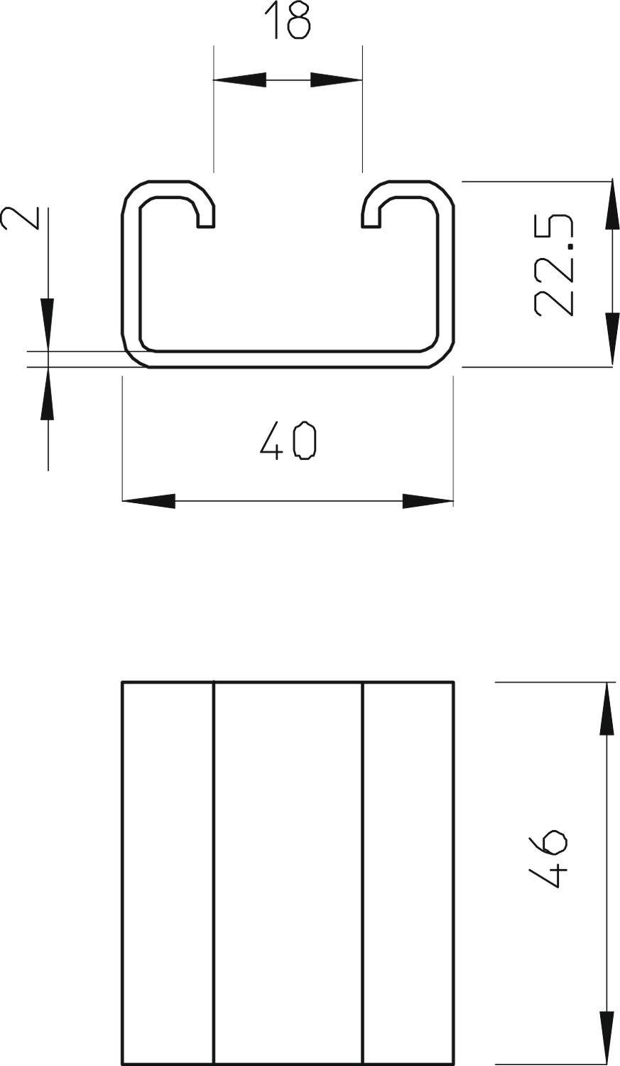 Technische tekening van een U-vormig profiel met afmetingen. Breedte: 40 mm, hoogte: 46 mm, binnenste hoogte: 22,5 mm, materiaaldikte: 2 mm.