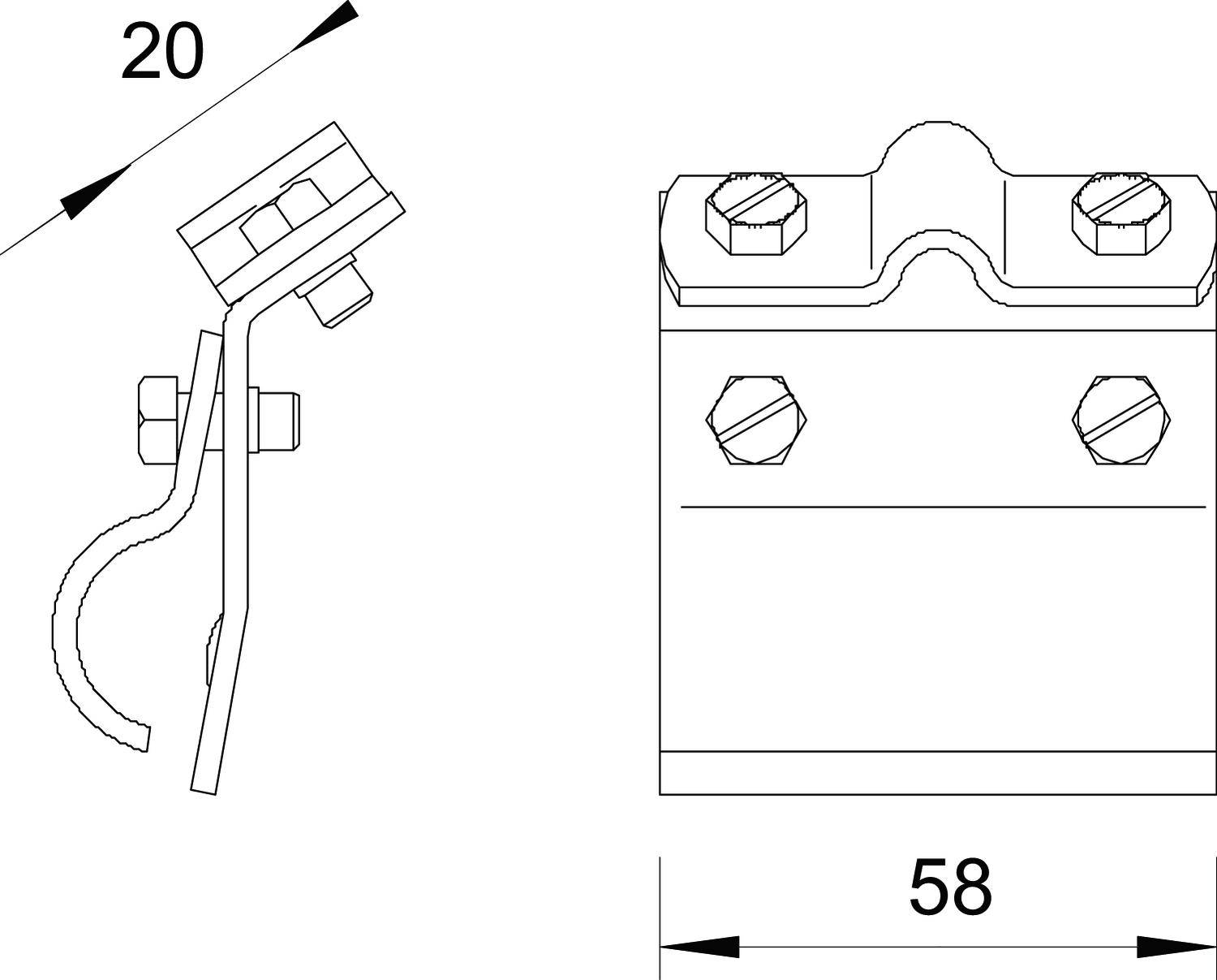 Tekening van een metalen clip met afmetingen: links 20 mm, rechts 58 mm. De clip houdt een schuimstrook vast aan een oppervlak.