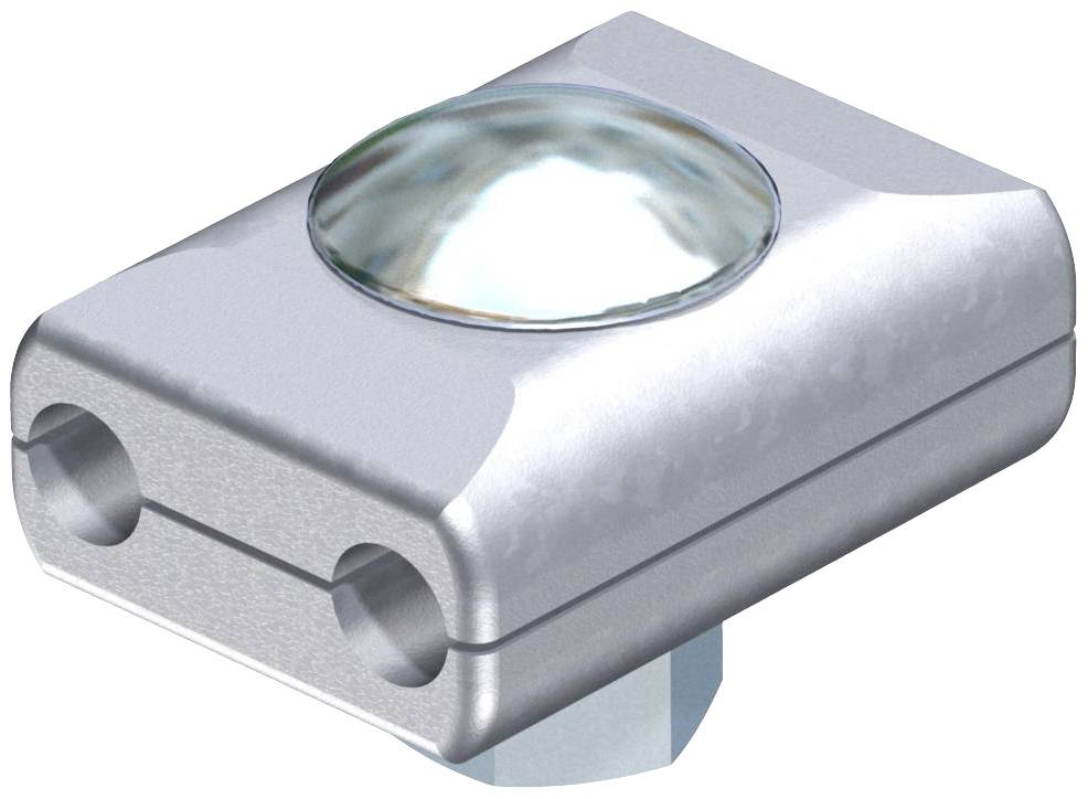 Metaalblok met gewelfde lens, twee bevestigingsgaten en zeshoekige basis. Gebruikt voor optische toepassingen.