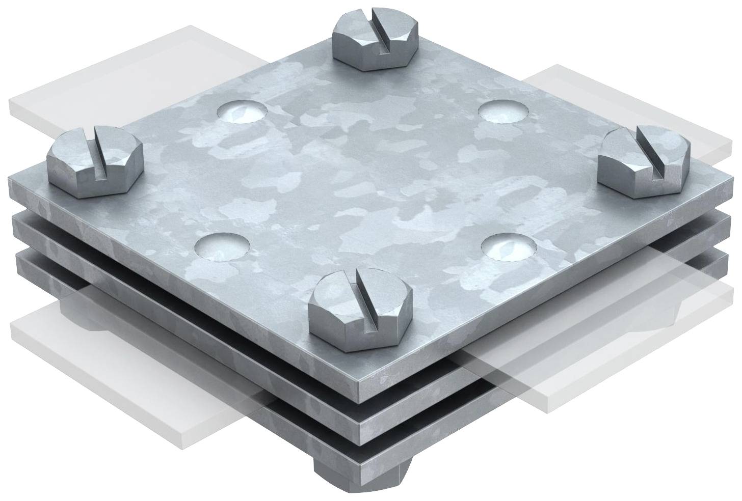 Vier gestapelde metalen platen met schroeven in de hoeken tonen een eenvoudige constructie of hardwarecomponent.