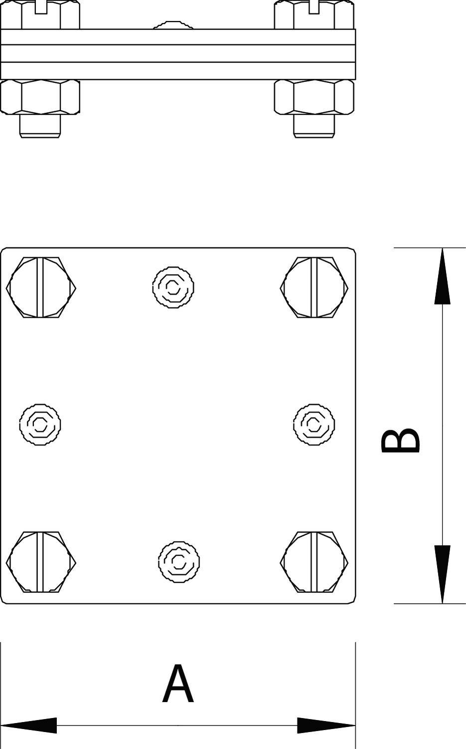 'Technical drawing of a rectangular metal plate with six screw connections at the corners and edges. Dimensions A and B are marked.'