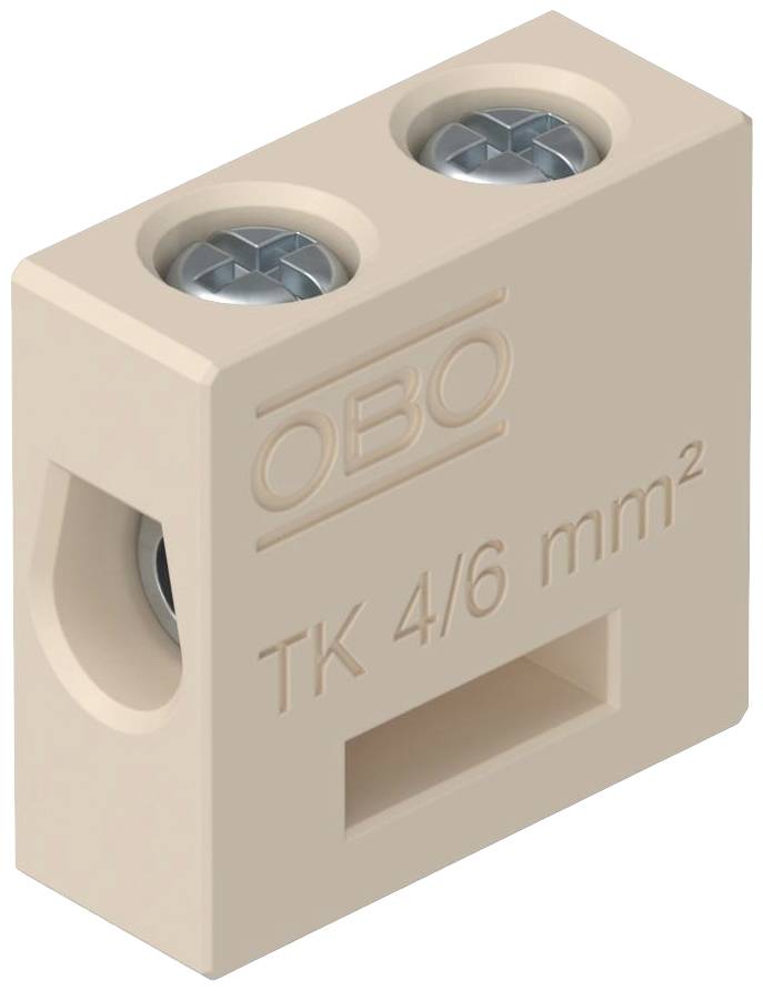 Elektrische klem van beige kunststof met twee schroefaansluitingen. Gemerkt met 'OBO' en 'TK 4/6 mm²'.