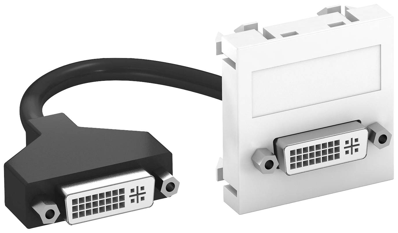 Een zwarte DVI-kabel is aangesloten op een witte adapter die in een wandplaat is geïntegreerd.