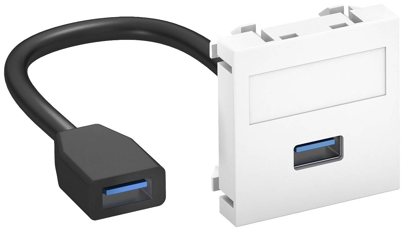'USB-verlenging': Een kort zwart USB-kabel met twee USB-aansluitingen, verbonden met een wit wandmodule met USB-ingang.