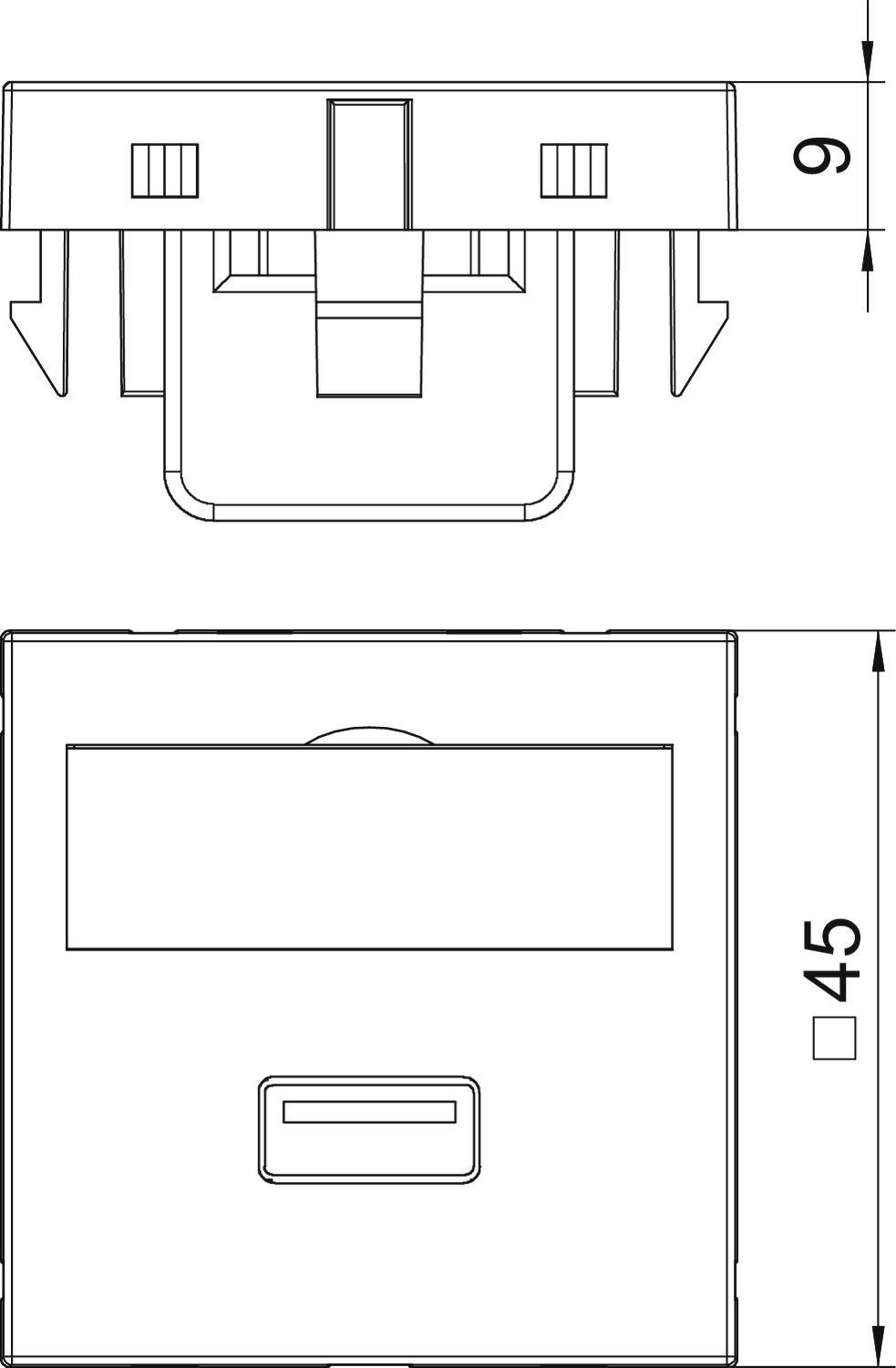 Technische tekening van een rechthoekige schakelaar met afmetingen: 9 mm en 45 mm. Toont zij- en vooraanzicht van de schakelaar.