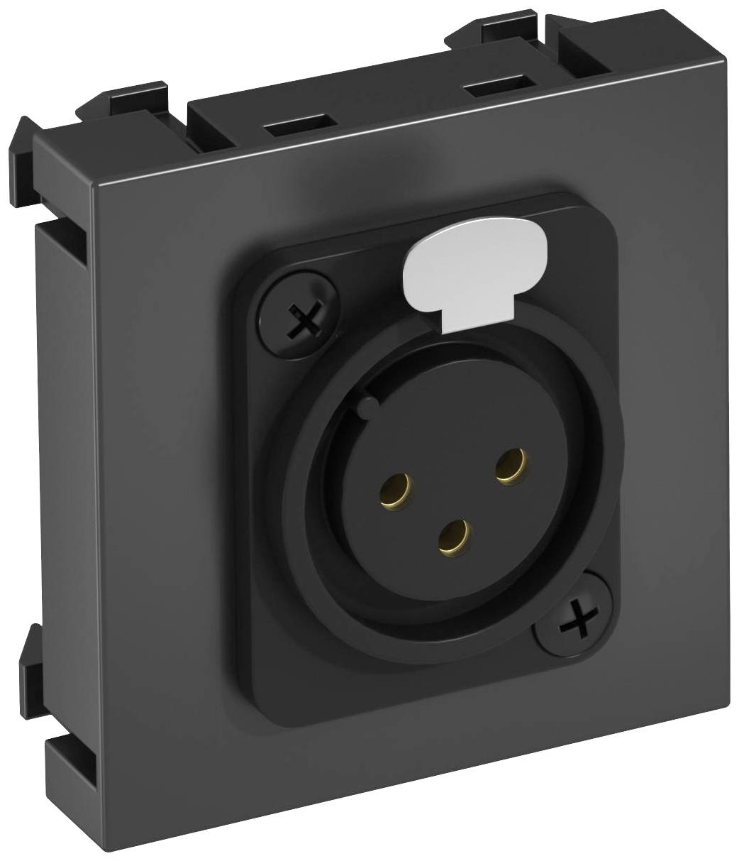 Zwarte, rechthoekige elektrische stopcontact met drie ronde gaten voor stekkers, zijdelingse schroefbevestigingen zichtbaar.