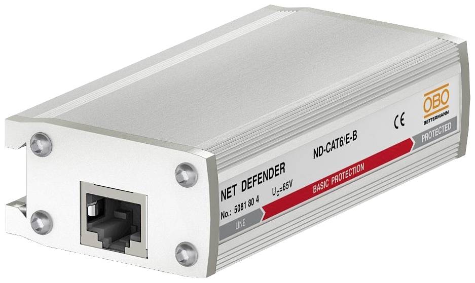 Netwerk overspanningsbeveiligingsapparaat met RJ45-aansluiting, aangeduid als 'Net Defender ND-CAT6 E-B', biedt basisbescherming.
