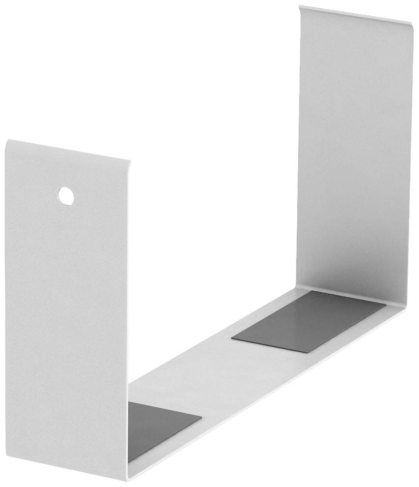 Een zilveren metalen hoekbeugel met twee rechthoekige uiteinden en een gat aan één kant, geschikt voor wandmontage.