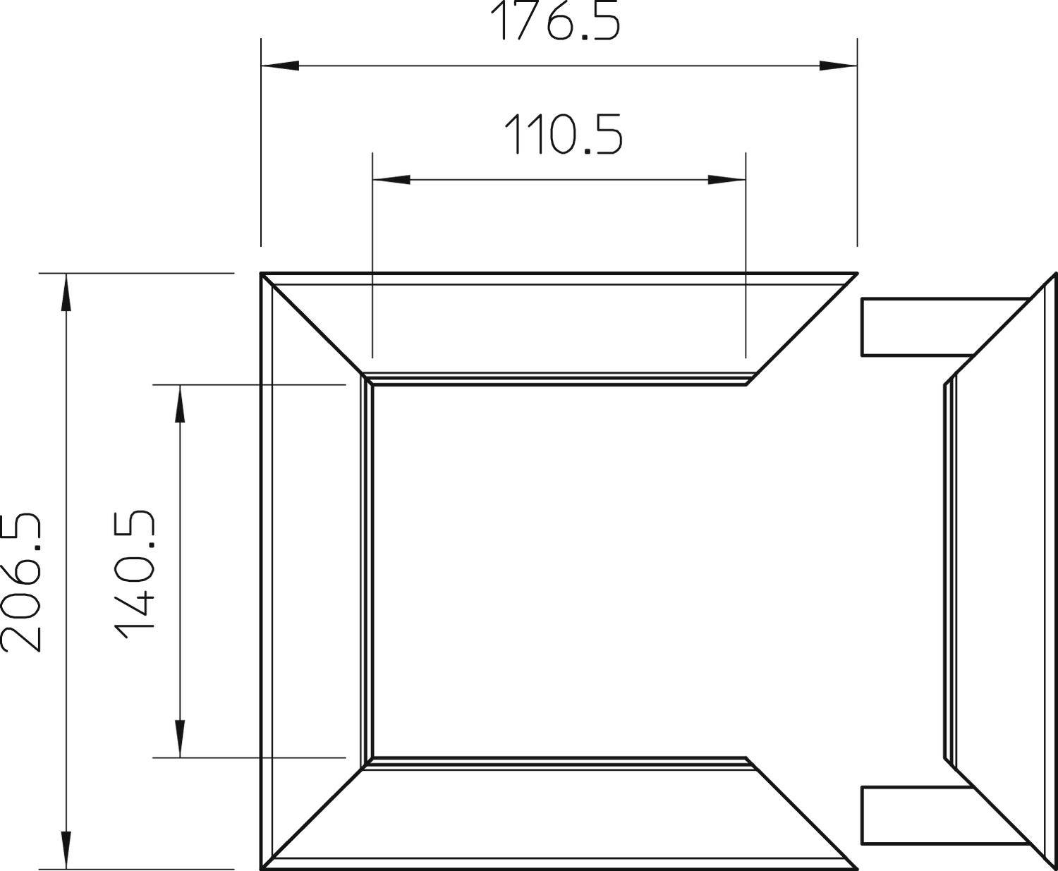 Technische tekening van een rechthoekig frame met afmetingen van 176,5 x 206,5 mm en een binnenafmeting van 110,5 x 140,5 mm.