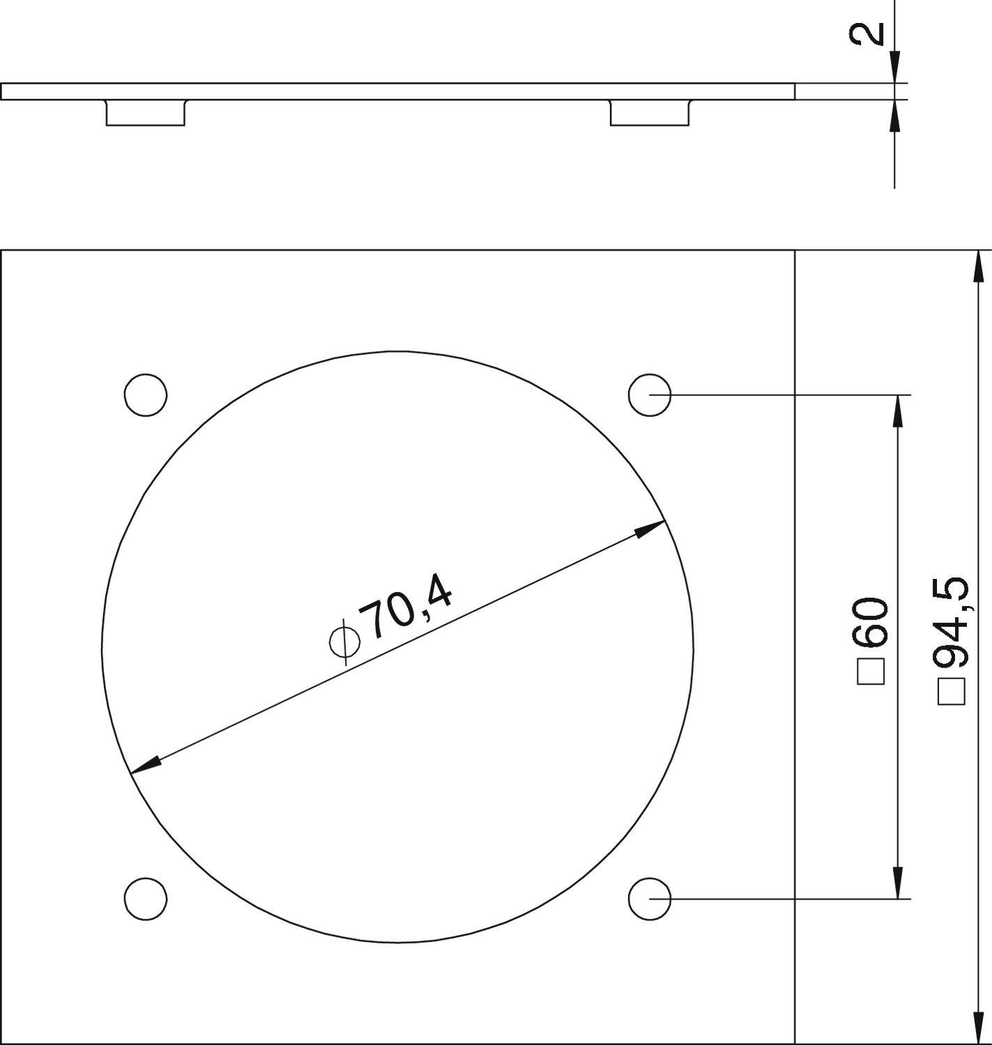 Technische tekening van een plaat met een cirkelvormige uitsparing (diameter 70,4 mm). Afmetingen van de plaat: 94,5 mm hoogte, 60 mm breedte.