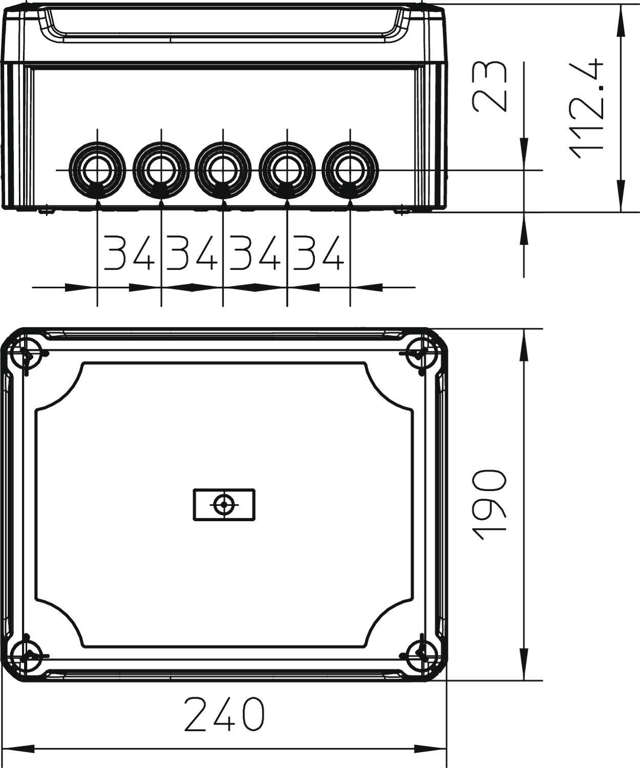 Technische tekening van een rechthoekig apparaat met vijf aansluitopeningen. Afmetingen: 240 mm x 190 mm, hoogte 112,4 mm.