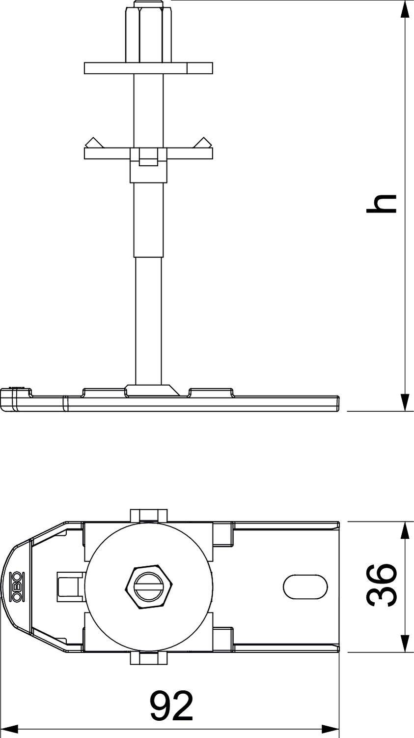 Technische tekening van een metalen steun met afmetingen: hoogte (h), breedte 92 mm, diepte 36 mm. Toont voor- en zijaanzicht.
