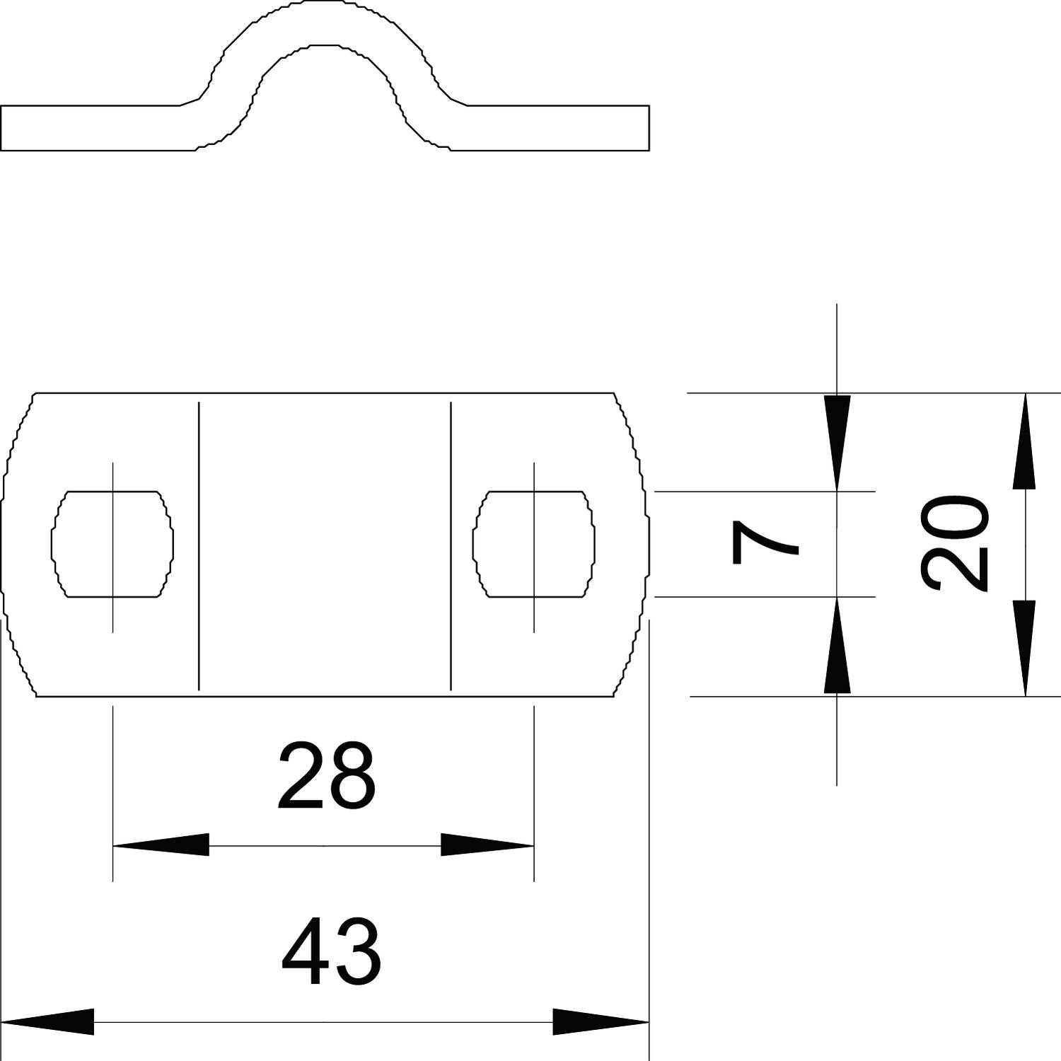 Technische tekening van een metalen beugel. Boven: zijaanzicht met gebogen vorm. Onder: vooraanzicht met twee boorgaten. Afmetingen: 43 mm breed, 28 mm tussen de gaten, hoogte 7 mm, 20 mm uitsparing.