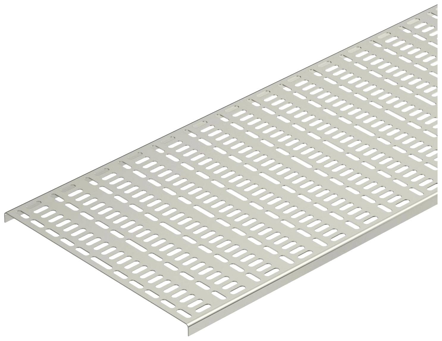 Metalen lade met geperforeerde bodem in rechthoekige vorm, geschikt voor opslag of ventilatie.