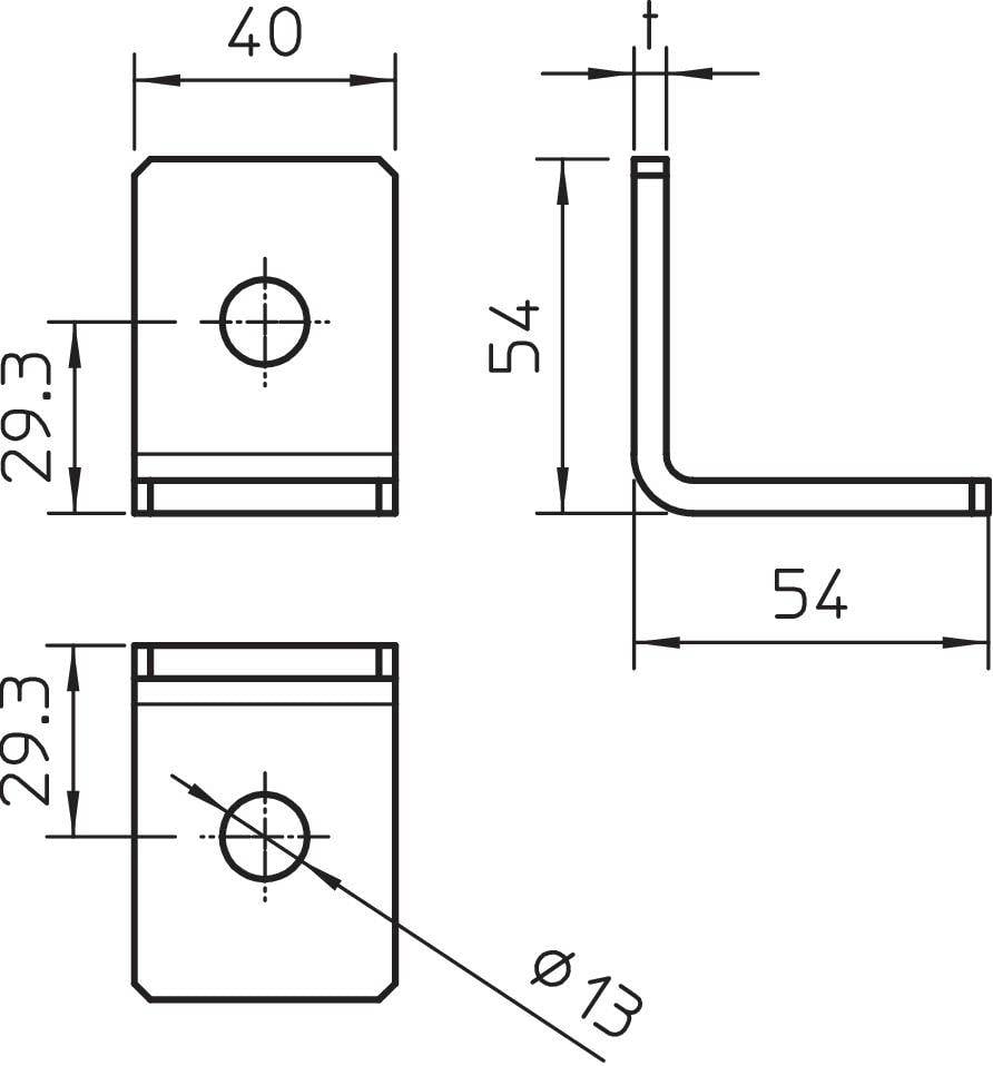 Een technische tekening toont de afmetingen van een metalen hoek: 54x54 mm, boring Ø13 mm, en 40 mm breed.