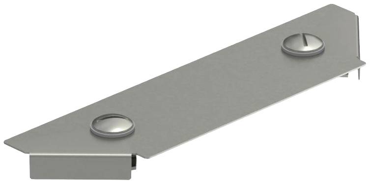 Metalen plaat met twee verzonken schroeven, rechthoekig met afgeschuinde hoeken, gebruikt voor bevestiging in technische toepassingen.