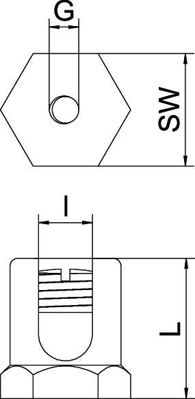 Technische tekening van een zeskantmoer met binnendraad. Bovenaanzicht met maat 'G'; onderaanzicht met maten 'SW', 'l' en 'L'.