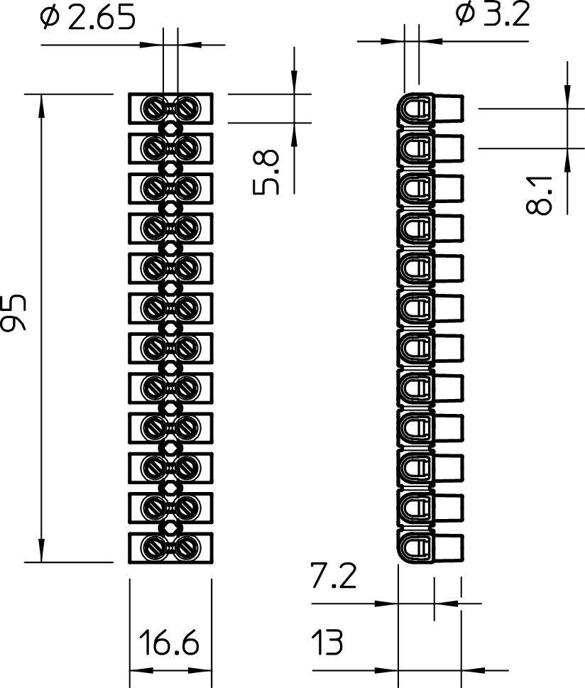 Technische tekening van een connectoren met afmetingen: lengte 95, breedte 16,6, pin-diameter 2,65 en 3,2 millimeter.