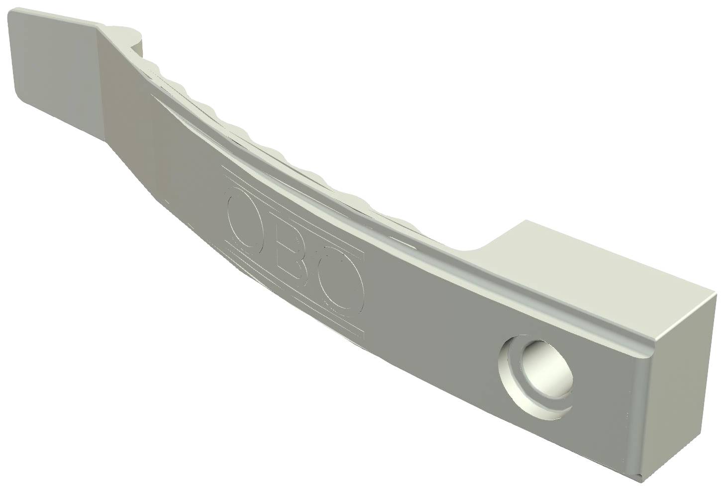 Metalen bevestigingsbeugel met gebogen vorm, zijdelingse perforatie en verhoogde gravure op het oppervlak.