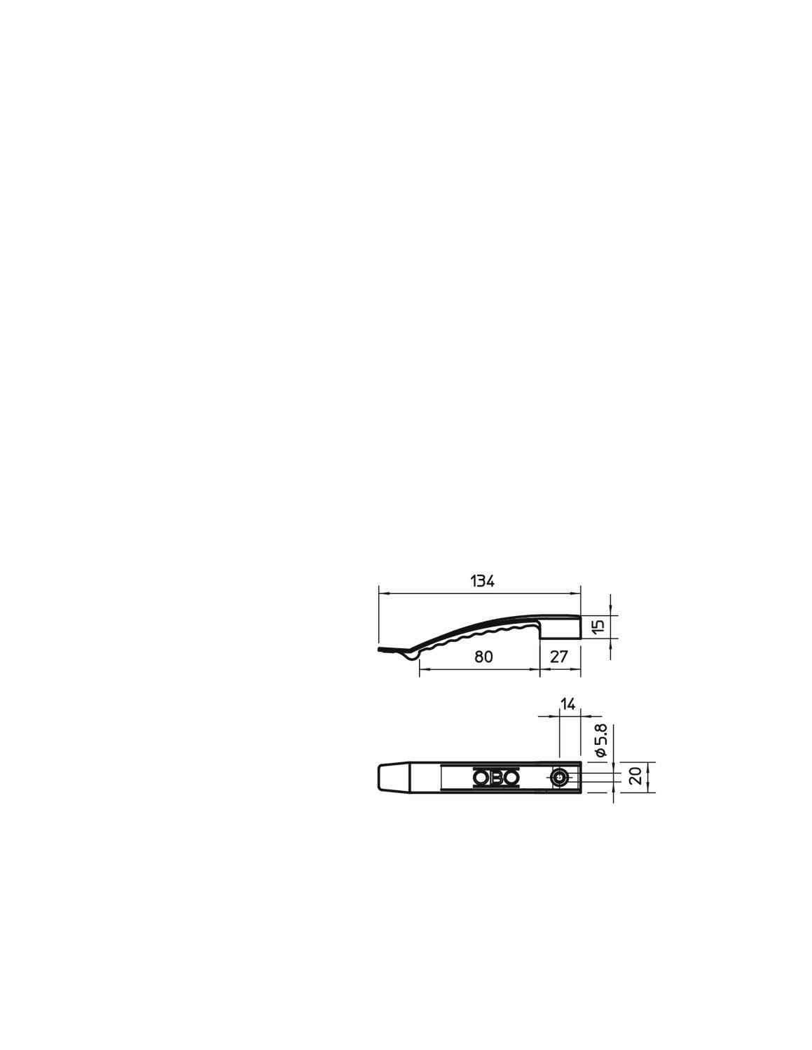 Technische tekening van een onderdeel met afmetingen: Lengte 134 mm, breedte 27 mm, hoogte 11,5 mm. Toont ook boorgaten en vorm.