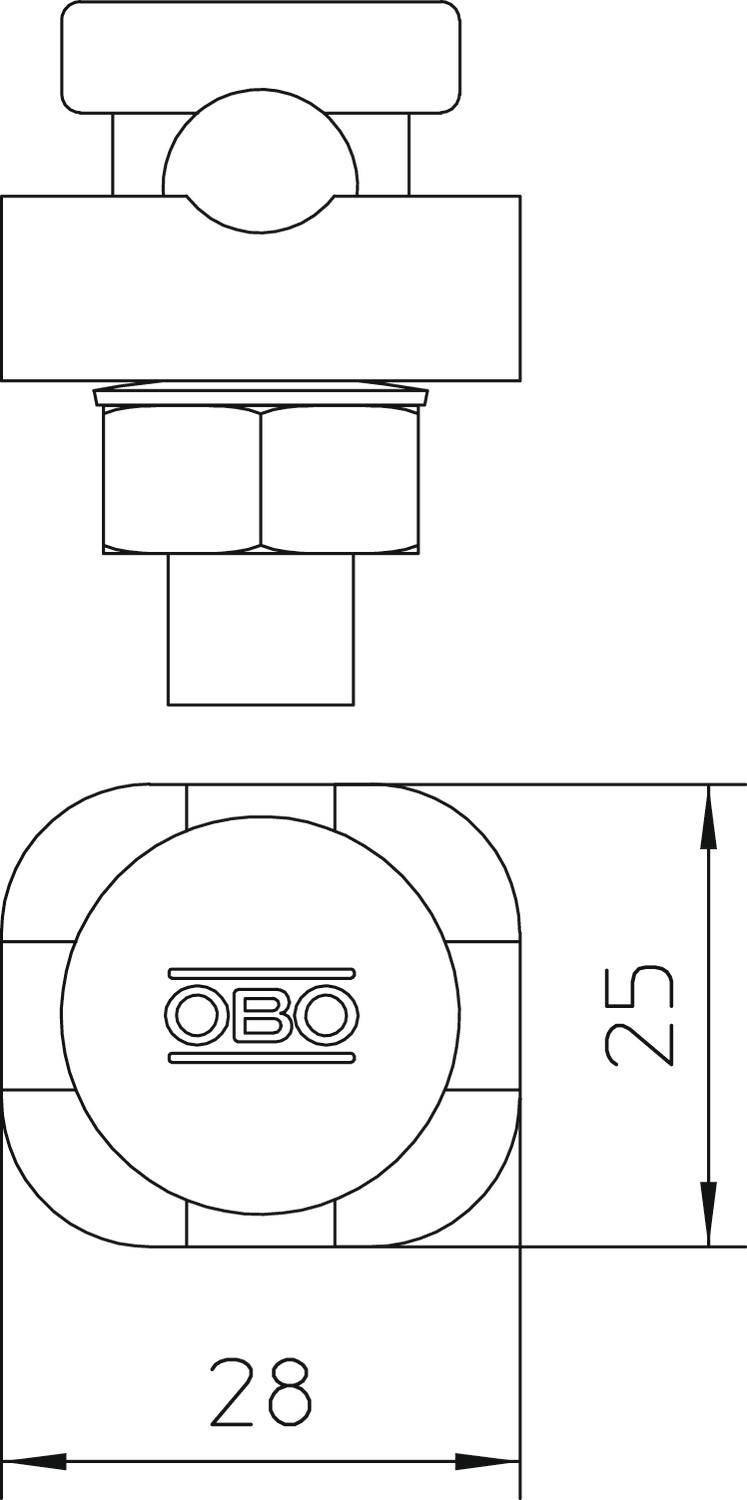 Technische tekening van een metalen verbinder met bovenaanzicht en zijaanzicht. Afmetingen 28 mm x 25 mm. Gemarkeerd met de tekst 'OBO'.
