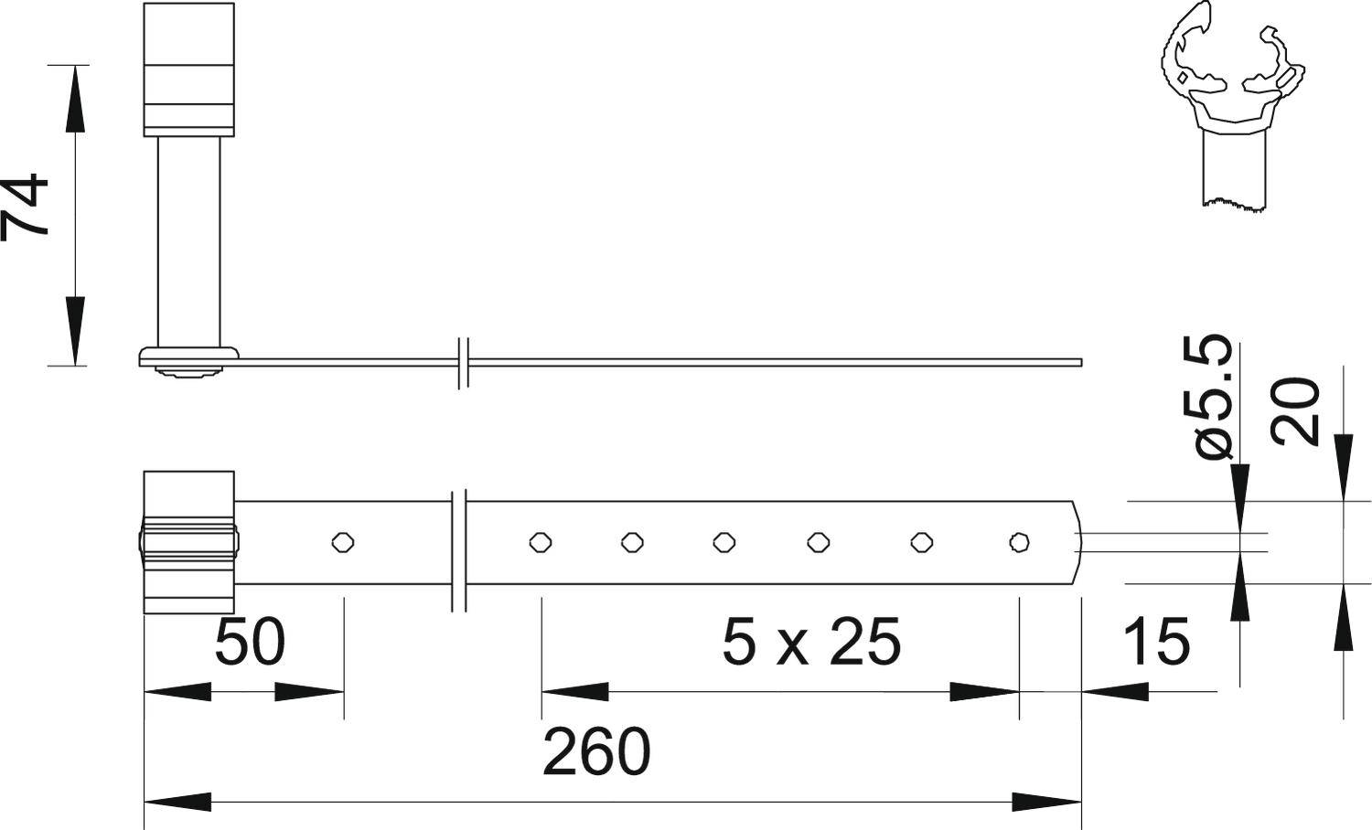 Constructietekening van een onderdeel met afmetingen: 74 mm hoogte, 260 mm lengte, en verschillende gatdiameters inclusief detailaanzicht rechtsboven.