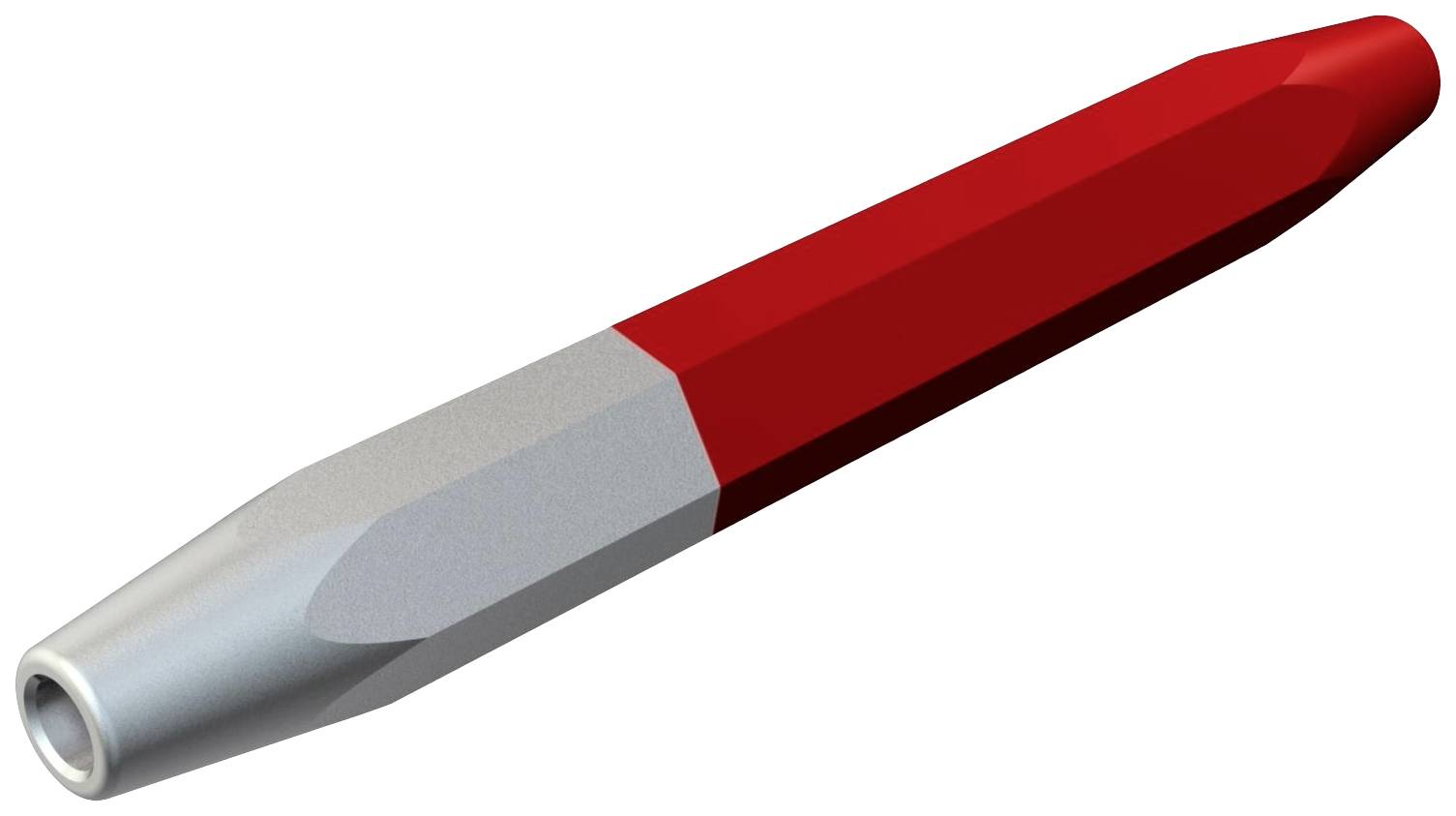 Een metalen gereedschap met een zeskante steel, voor de helft rood gekleurd, dat eruitziet als een stempelhamertje.